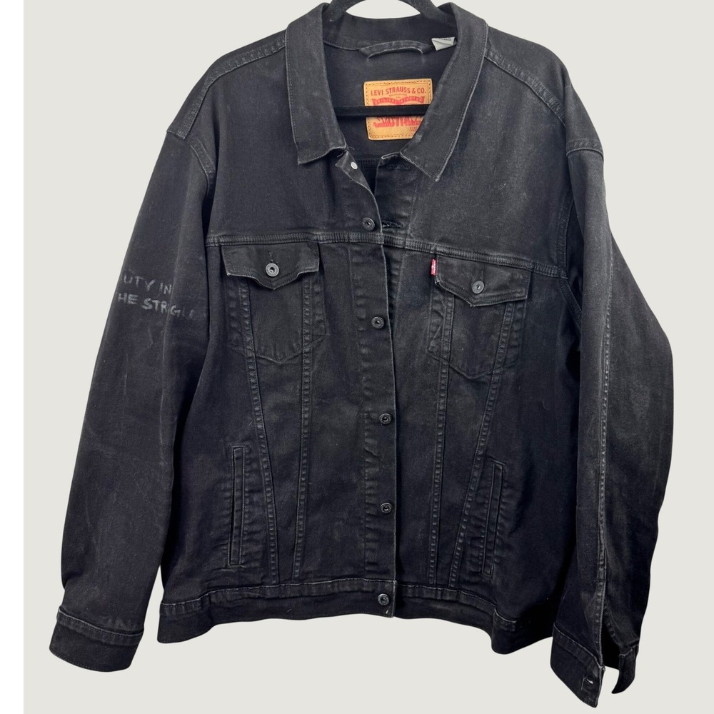 Levis Trucker Jacket Mens 3XL Black Graphic Sleeve Streetwear Custom Denim
